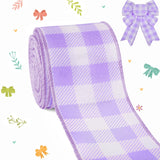 Spring Easter Ribbon Wired, Purple Gingham Fabric Ribbon Pastel Plaid Checkered Ribbons for Bow Wreath Supplies Gifts Wrapping D