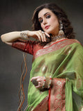 Satrani Womens Tabby Silk Banarasi Jacquard Saree With Unstitched Blouse Piece(3045S5611Na_Olive Green2)