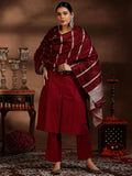 Libas Womens Woven Design Cotton Blend Straight Kurta With Trousers And Dupatta Maroon M 39058