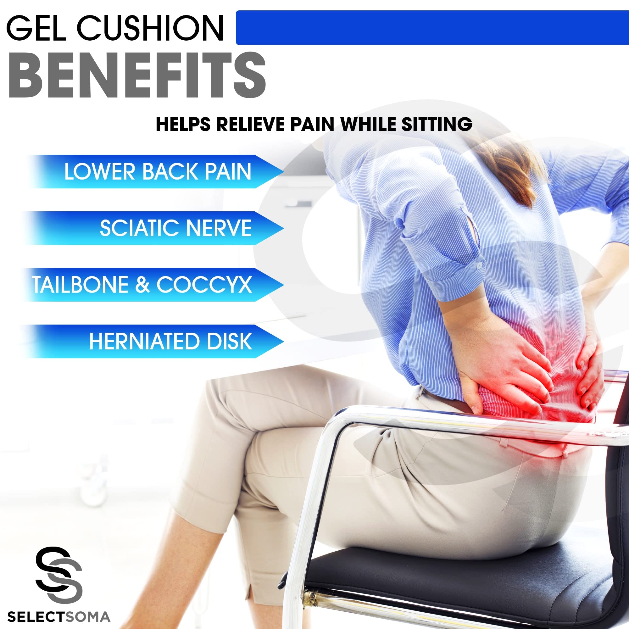 SelectSoma Gel Seat Cushion for Long Sitting Pressure Relief for Back, Sciatica, Coccyx, Tailbone Pain - Cushion for Office Chai