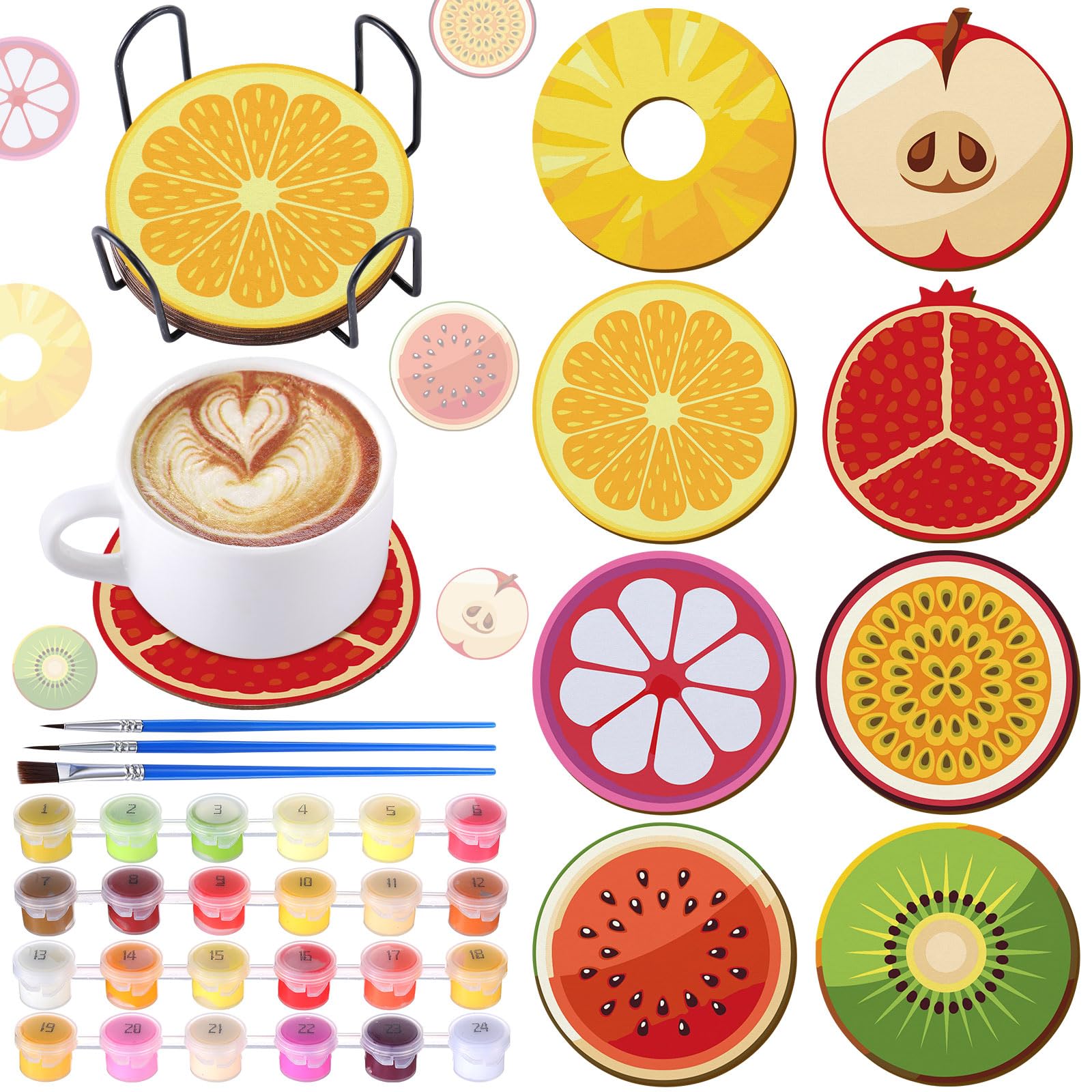 Reallnaive 8 Pcs Fruit Paint by Numbers Kit for Adults Cute Coasters with Holder Mini Paint by Numbers Kits Round Oil Painting D