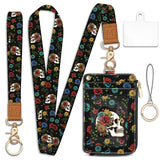Goth Skull Floral Lanyard Wallet with ID Badge Holder, Black Cat Small RFID Wallet Women Keychain Wristlet, Slim Credit Card Hol