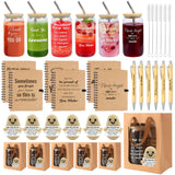 42 Pcs/6 Sets Employee Appreciation Gifts Bulk Includes 16oz Glass Cups with Bamboo Lid, Positive Crochet, Inspirational Noteb