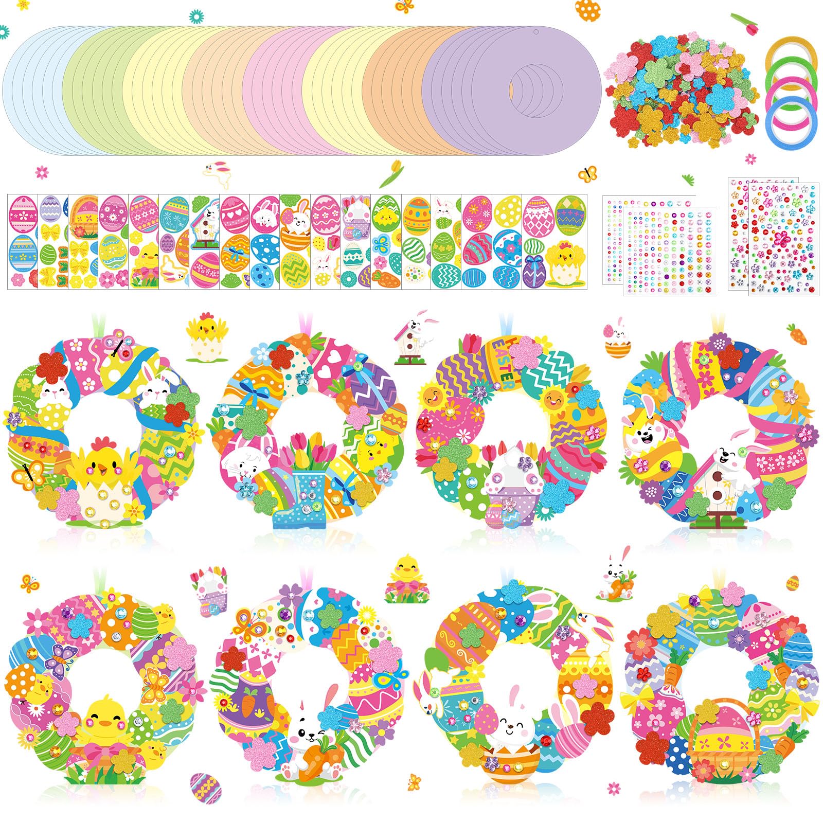 Hollowfly 48 Sets Easter Wreath Craft Kits DIY Wreath Hanging Ornaments Make Your Own Paper Craft with Stickers for Home Party F