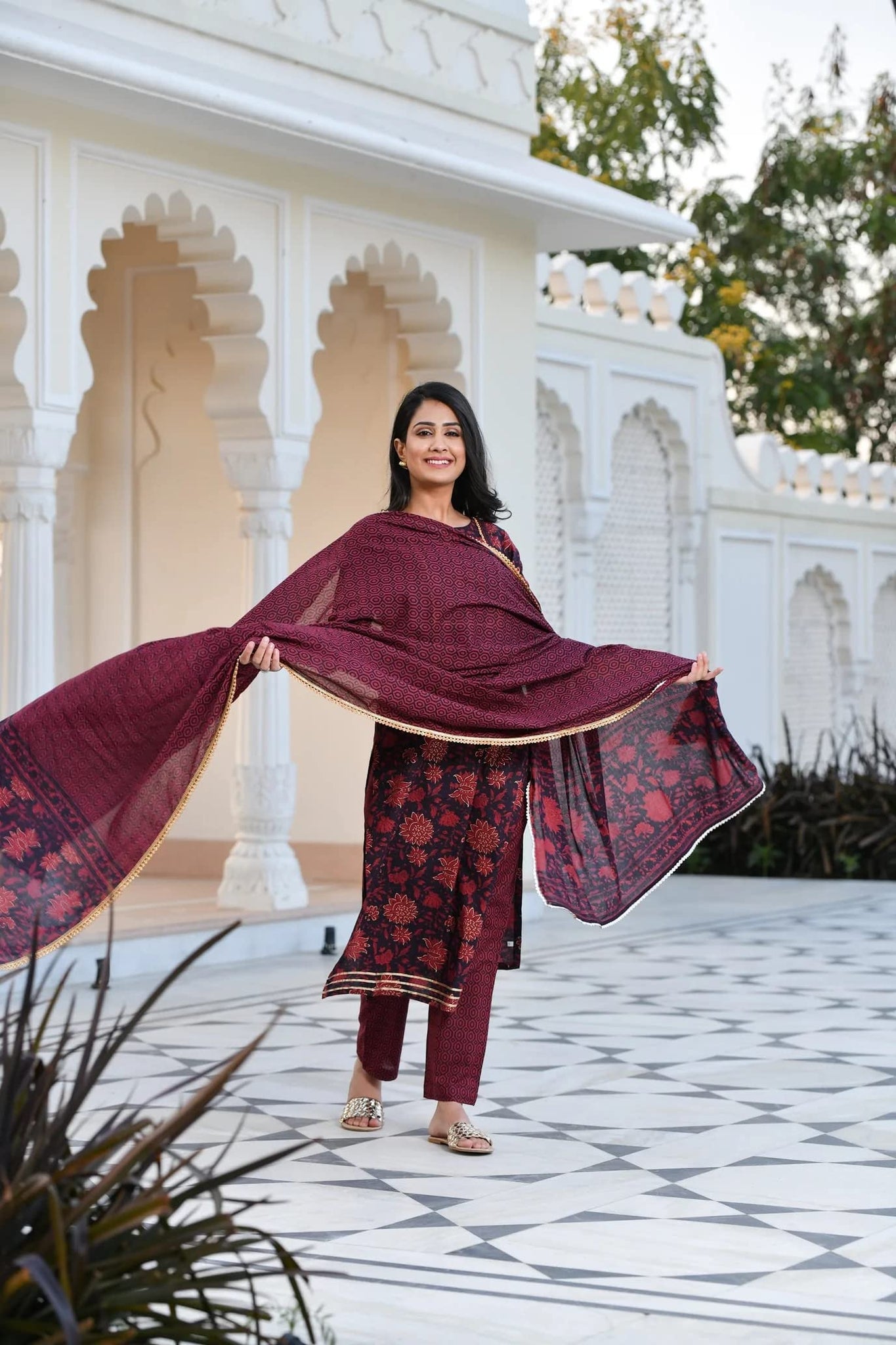 Anni Designer Women'S Cotton Blend Straight Printed Kurta With Pant & Dupatta (Rapat Wine_S_Wine_Small),Wine,S,Cotton Blend,Regular,