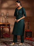 Libas Womens Embellished Cotton Blend Straight Kurta With Trousers And Dupatta Green L