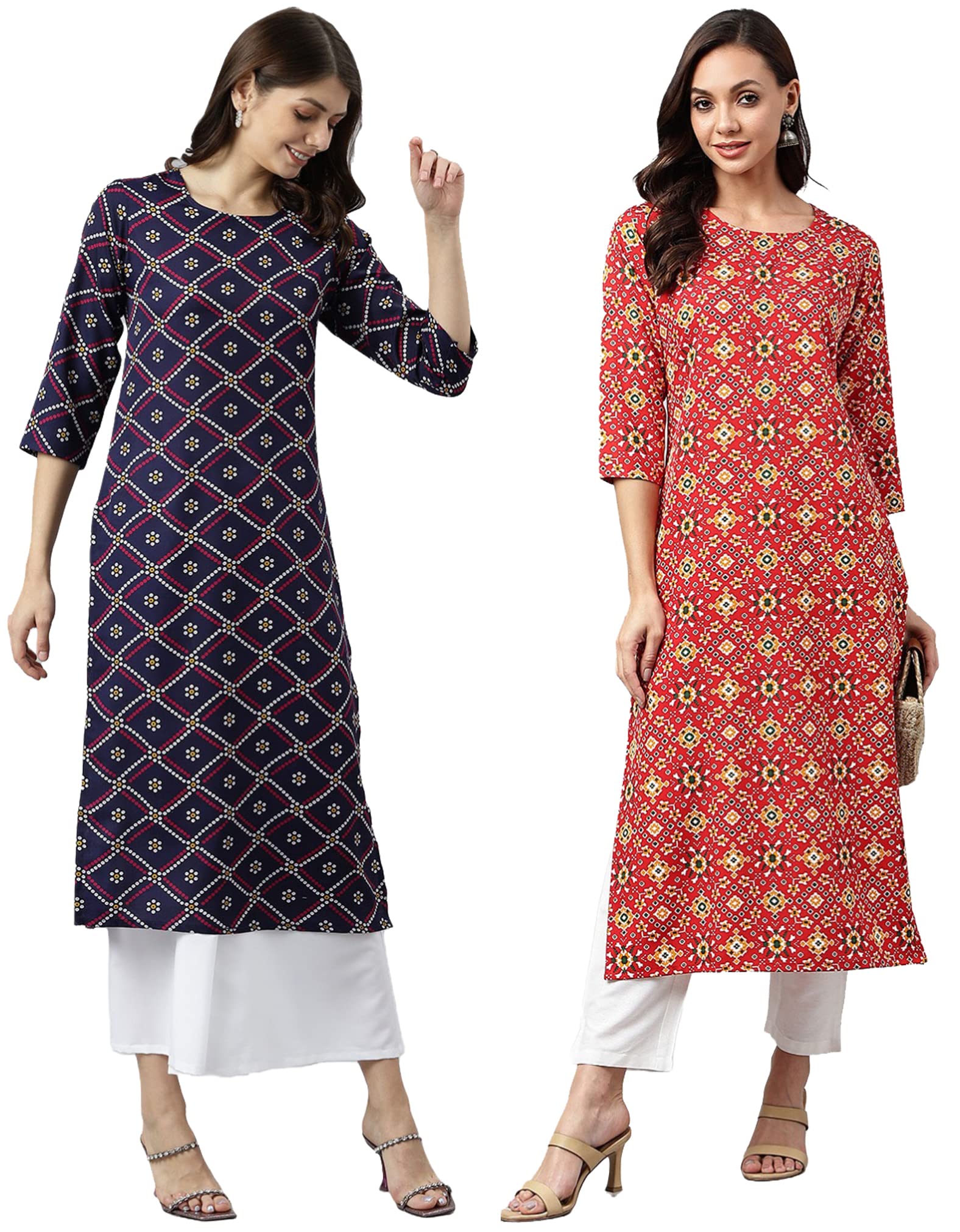 Anni Designer Women'S Crepe Straight Printed Kurta Pack Of 2 (Paga Combo_029_M_Navy Blue & Red_Medium),Navy Blue & Red,M