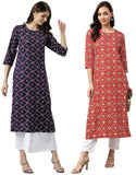 Anni Designer Women'S Crepe Straight Printed Kurta Pack Of 2 (Paga Combo_029_M_Navy Blue & Red_Medium),Navy Blue & Red,M