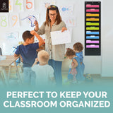 Black Pocket Chart for Classroom - 10 Pocket Storage Rainbow Pocket Charts , 2 Over Door Hangers Included, Hanging Wall File Org