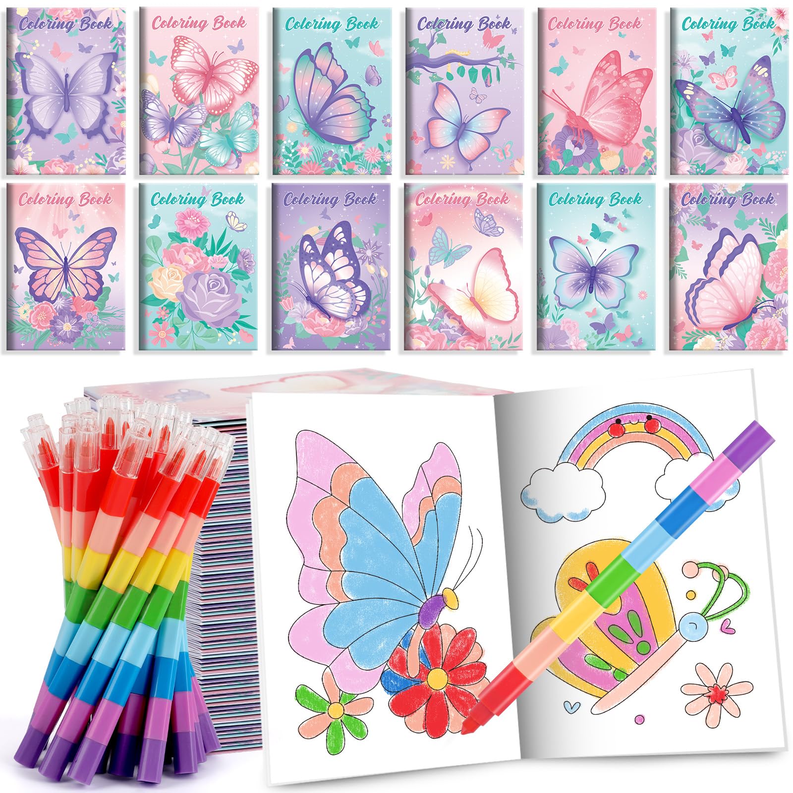 BenLouis 12 Butterfly Mini Coloring Books Kids with 12 Stacking Crayons Butterfly Theme Party Favors Small Activity Books Bulk f