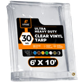 6 x 10 Clear Vinyl Tarp 30 Mil Super Heavy Duty Transparent Waterproof PVC Tarpaulin with Brass Grommets for Patio Enclosu