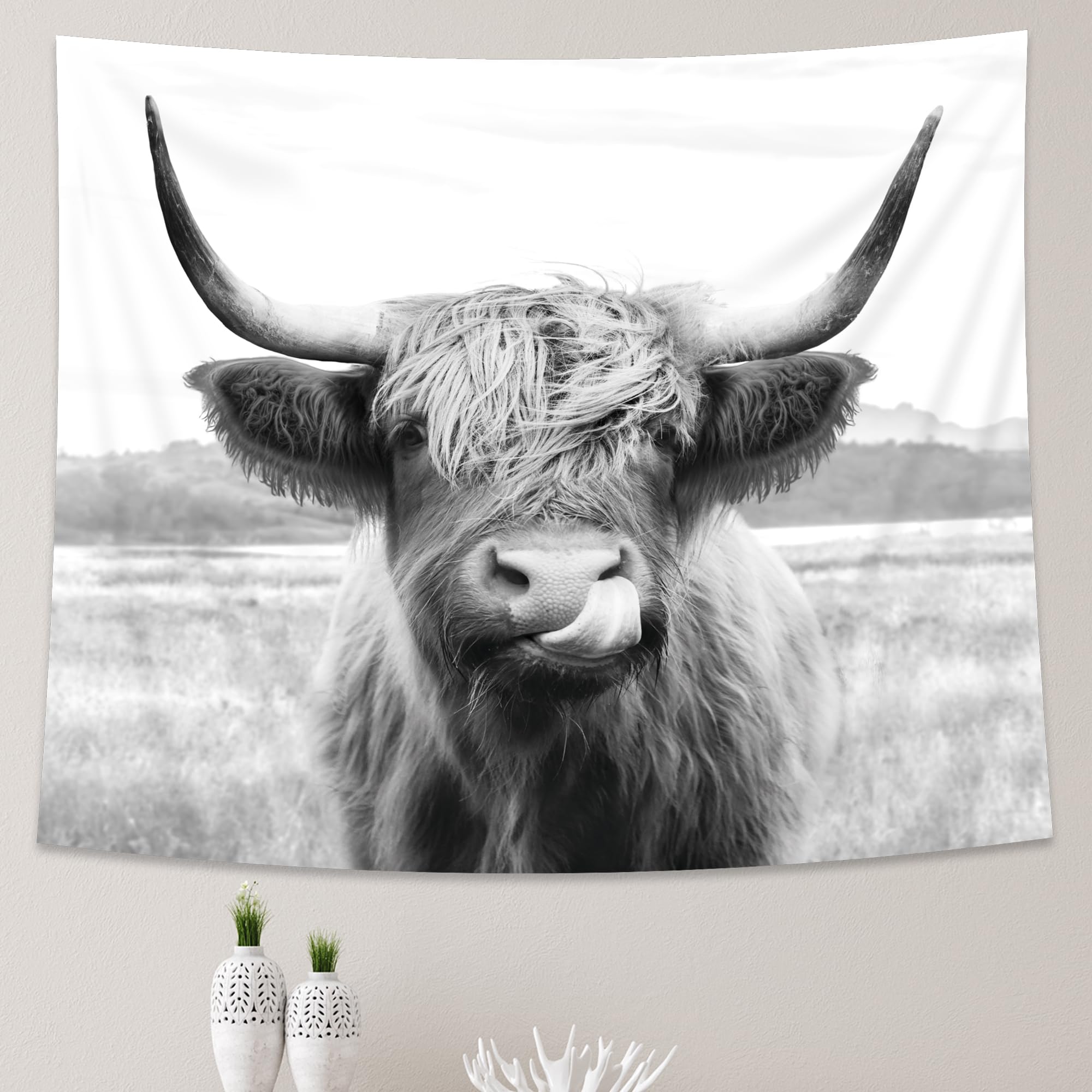 AMBZEK Highland Cow Tapestry, 51Hx59W Inch, Funny Western Decor, Wall Art for Bedroom, Dorm, Living Room