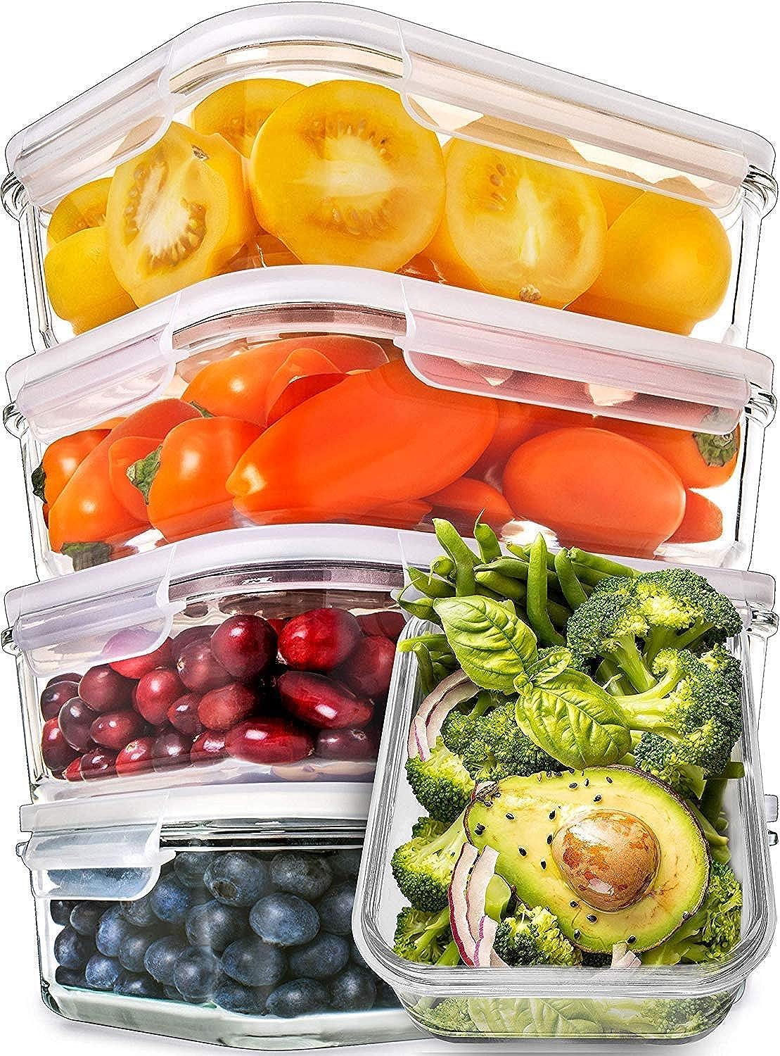 (5-pack, 30oz) Glass Food Storage Containers with Lids - Leak Proof Meal Prep Lunch/Freezer Containers - Microwave Oven Dishwash