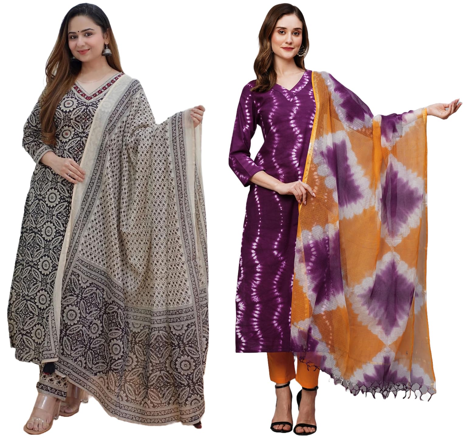 Anni Designer Women'S Cotton Blend Printed Straight Kurta With Pant & Dupatta Pack Of 2 (Combo-Nihira Cream-Mukhi Pink_S_Multi_Small),Multicolour,S,,,