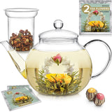 Teabloom Stovetop & Microwave Safe Glass Teapot with Removable Loose Tea Glass Infuser - Includes 2 Blooming Teas - 2-in-1 Tea K