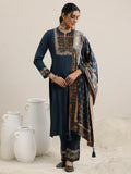 Libas Womens Yoke Design Wool Straight Kurta With Trousers And Dupatta Blue L