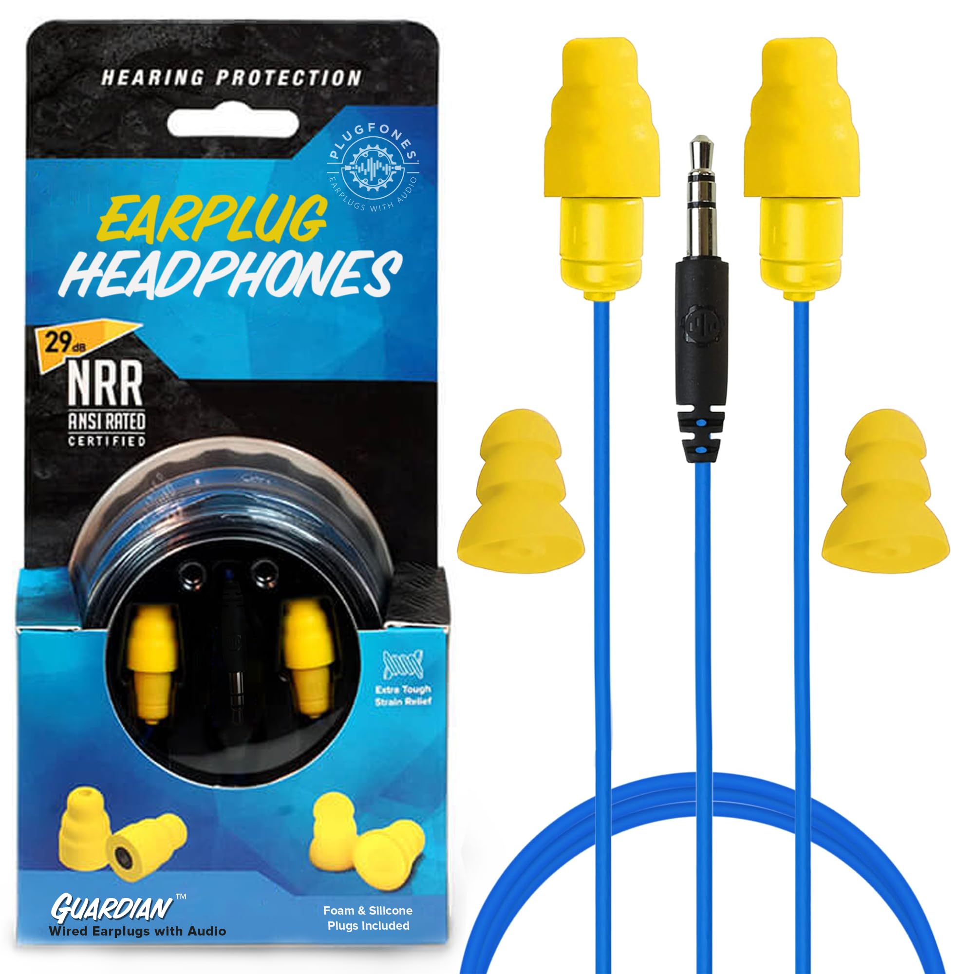 Plugfones Guardian Earplug Headphones - Osha Approved Noise Isolating In-Ear Earbuds With Hearing Protection - Wired Hybrid For Work And Travel - Includes Silicone And Foam Earplugs - Blue & Yellow,Earbud Headphones