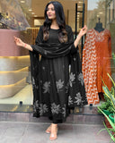 Anni Designer Women'S Rayon Viscose Anarkali Printed Kurta With Pant & Dupatta (Gangori Black_Xxl_Black_Xx-Large),Black,2XL,,,