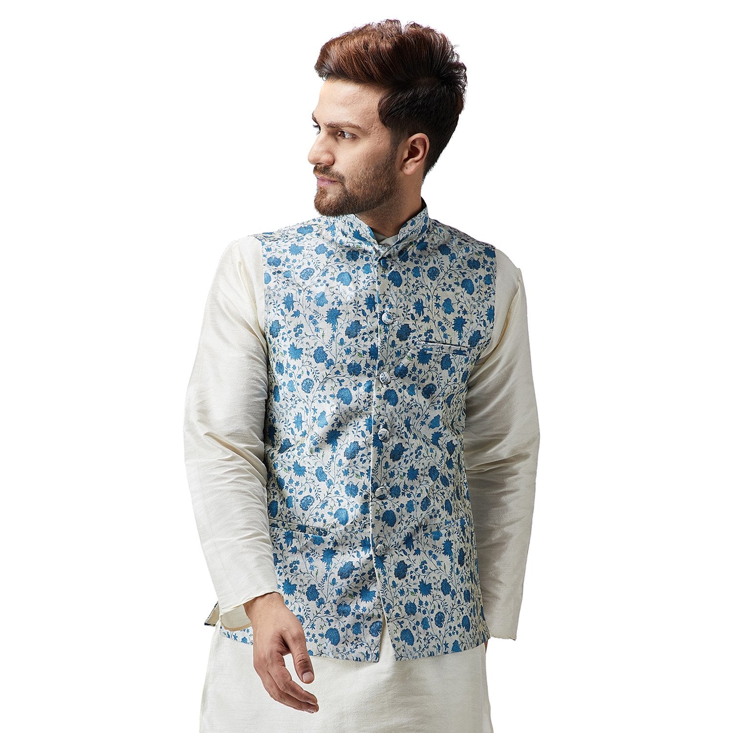 Sojanya (Since 1958, Men'S Silk Blend Blue Printed Only Nehru Jacket, Size: M(Sjr-Nehrujacket-Print-502-38)