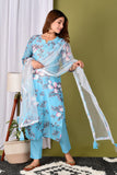Anni Designer Women'S Cotton Blend Printed Straight Kurta With Pant & Dupatta (Itta New Blue_S_Blue_Small),Blue,S,Cotton Blend,Straight,Pants, Dupatta