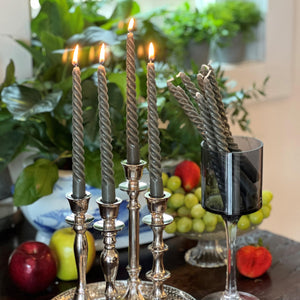 12 Piece Pale Dark Grey Twist Taper Candles, 2 Boxed Sets of 6, 4 Hours Burn Time, Paraffin Wax, 7.75 Inches