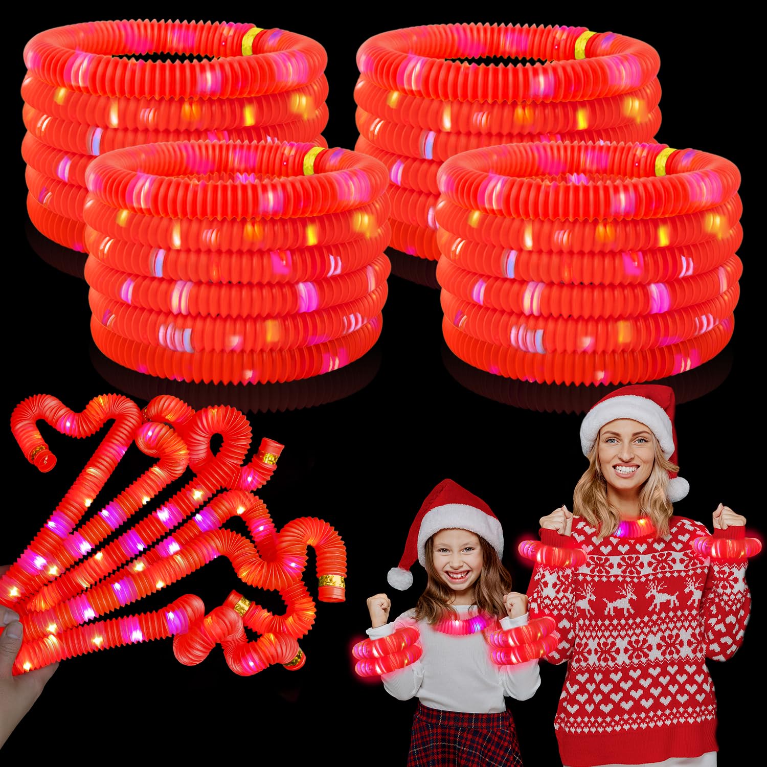 24 PCS Red Glow Sticks Party Favors for Kids, Christmas LED Light Up Necklaces Bracelets Accessories for Toddlers, Glow New Year