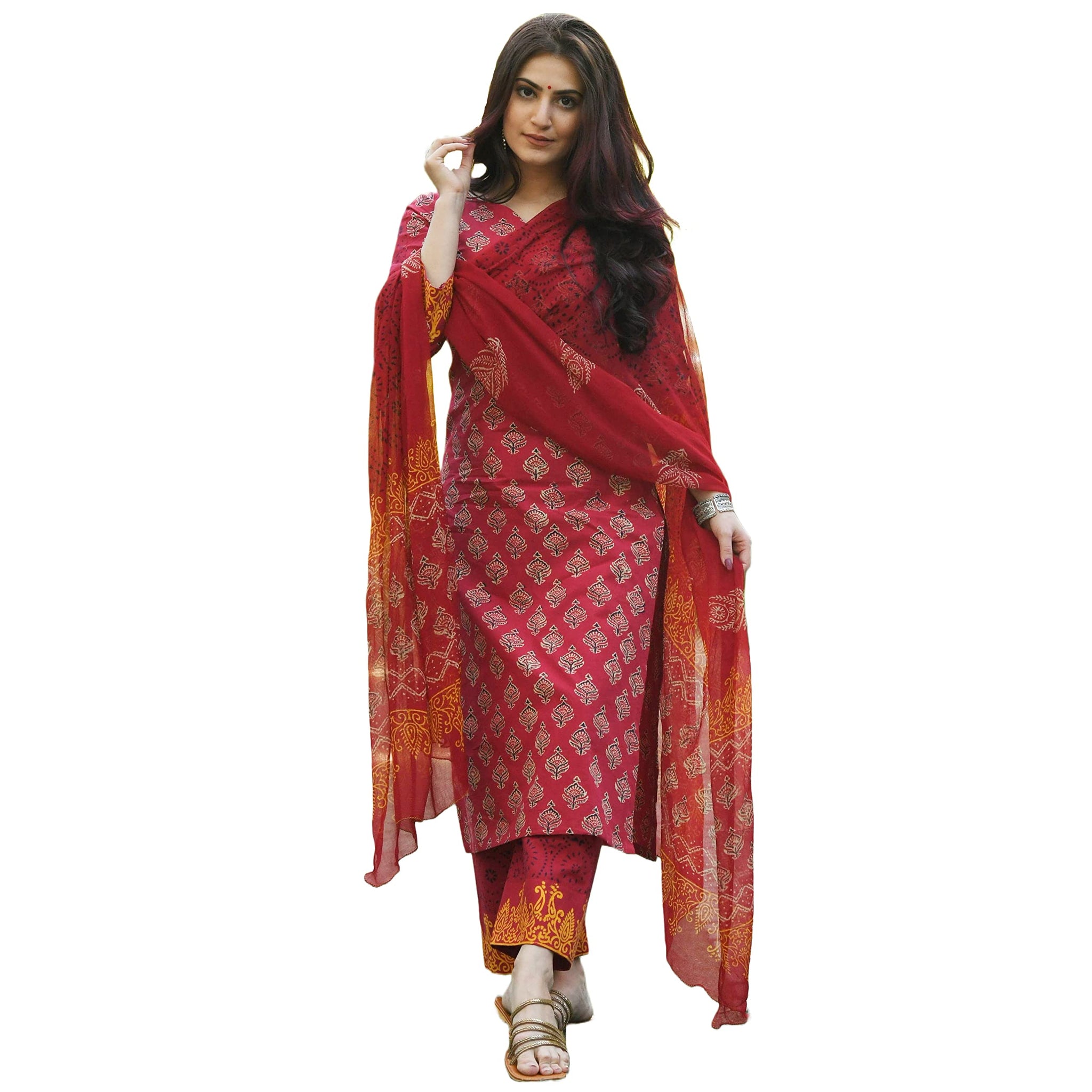 Anni Designer Women'S Cotton Blend Floral Printed Straight Kurta With Pants & Dupatta (Shank-Maroon_L_Maroon_Large),Maroon,L