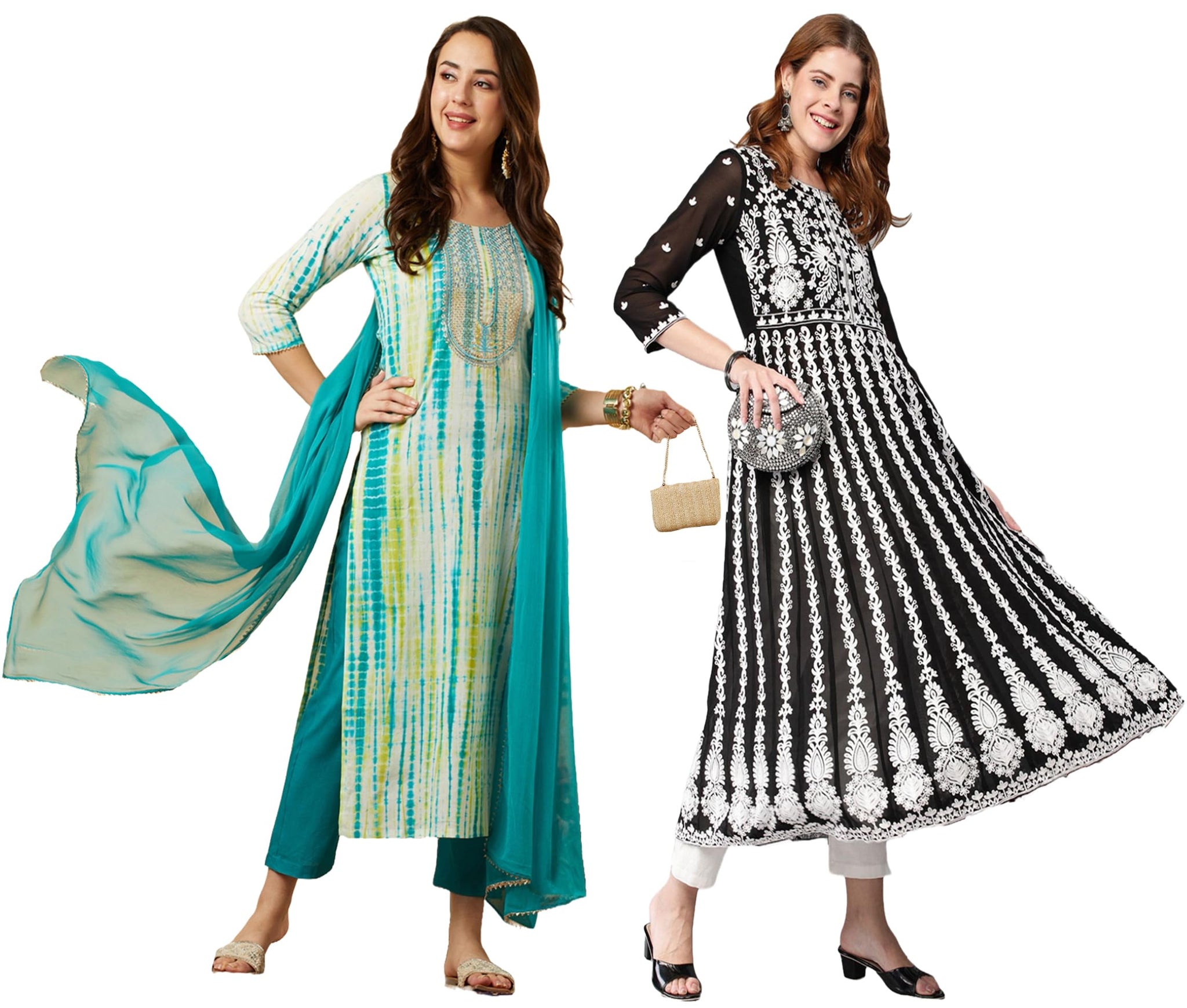 Anni Designer Women'S Cotton Blend Embroidered Straight Kurti Pant Dupatta Set Combo Pack Of 2 (Tiedye-Rama Blue & Kari Black_2104_Multicolor_Xxxx-Large),Multicolour,4XL,,,