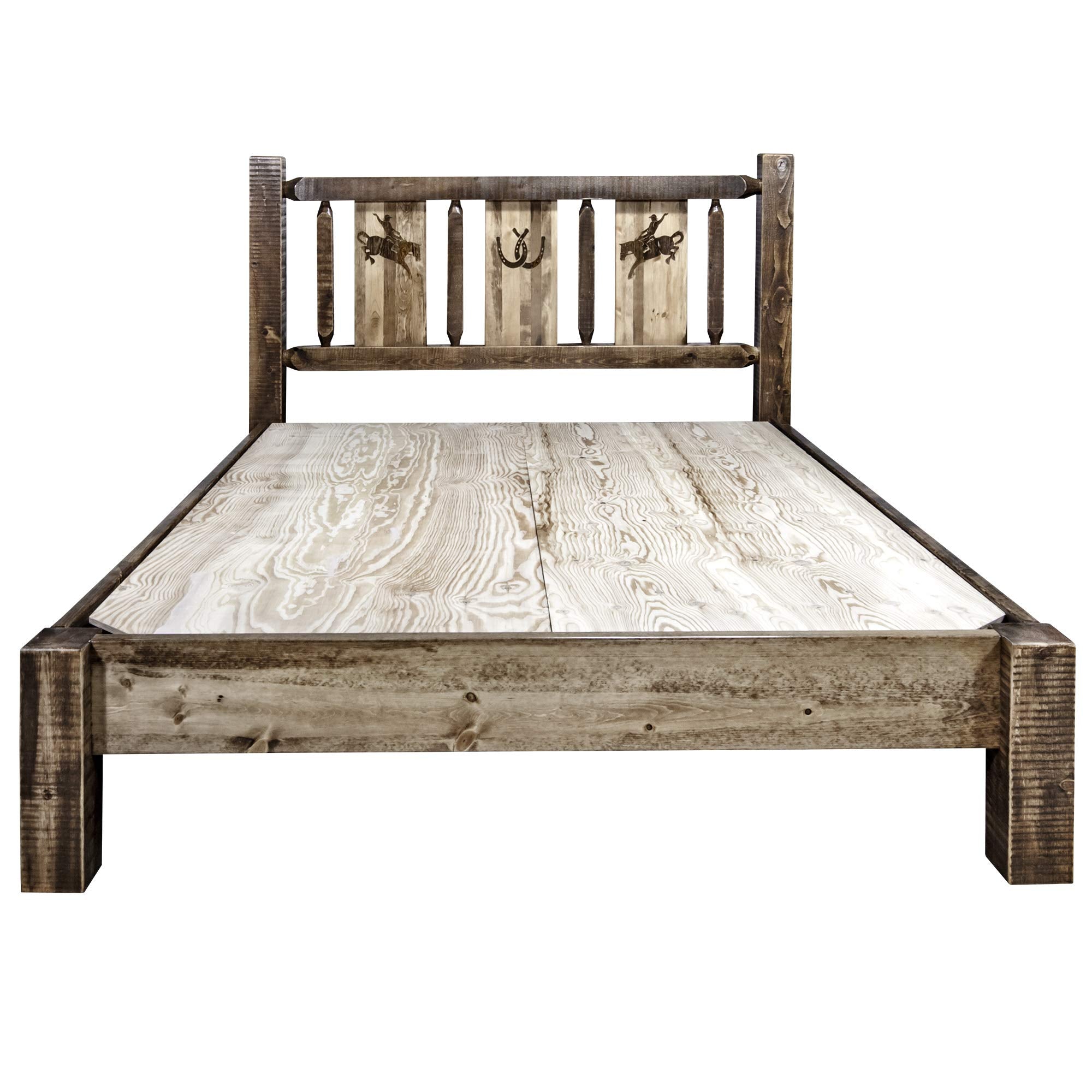 Montana Woodworks Homestead Collection King Platform Bed With Laser Engraved Bronc Design Stain & Clear Lacquer Finish