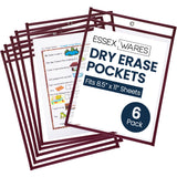 Essex Wares - 6 Pack, Maroon, Durable Water-Resistant Dry Erase Pocket Document Protectors, 10 Wide x 13.5 Tall - Dry Erase Clea