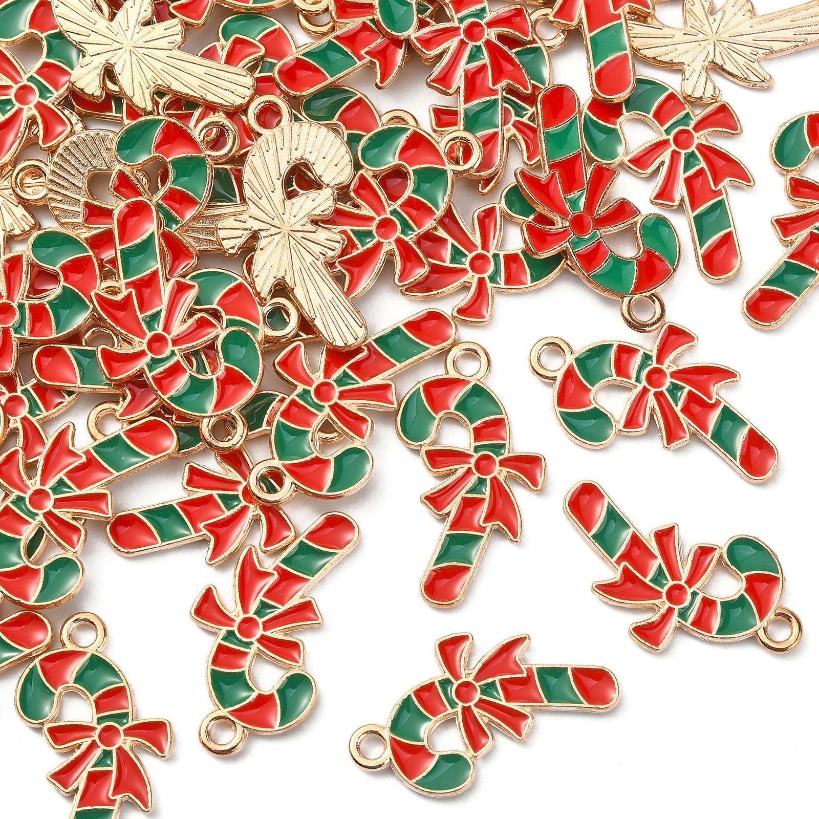 LiQunSweet 100 Pcs Enamel Green & Red Sugar Candy Cane Bar Small Charm Golden Plated Dangle Pendants for Christmas Holiday Gift 