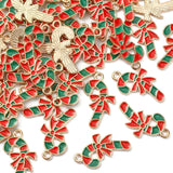 LiQunSweet 100 Pcs Enamel Green & Red Sugar Candy Cane Bar Small Charm Golden Plated Dangle Pendants for Christmas Holiday Gift 
