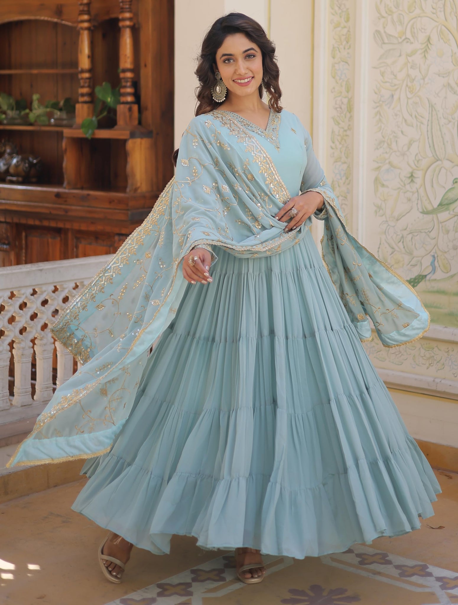 Fashion Basket Women'S Georgette Anarkali Kurta Set & Duptta For Women (Sky Blue, L)