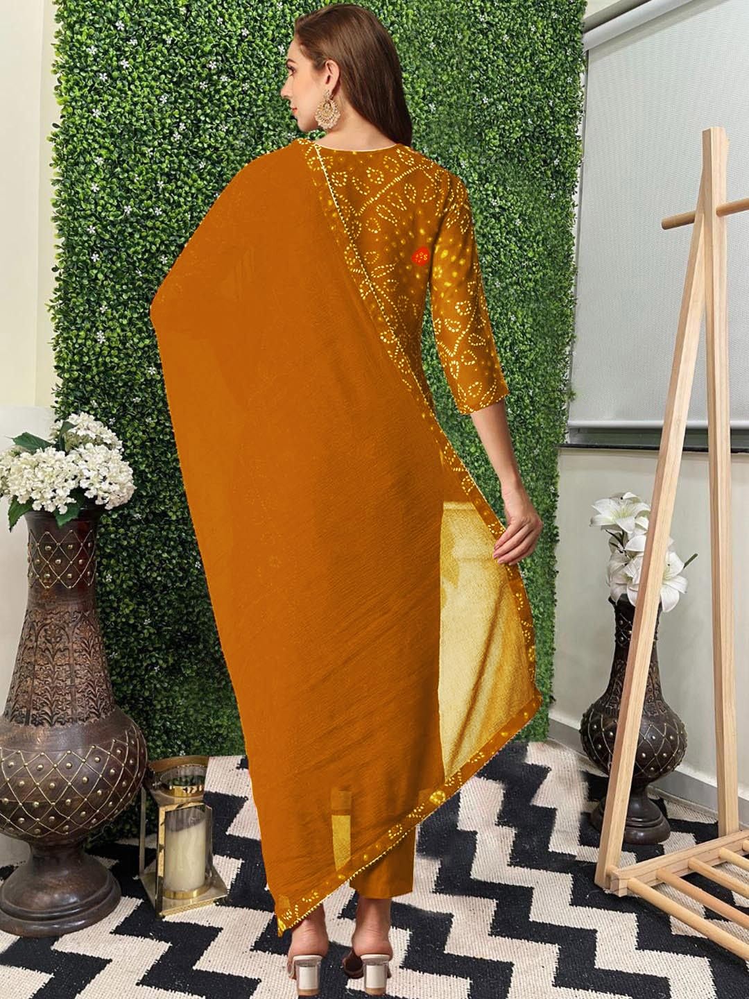 Gosriki Women'S Rayon Blend Straight Bandhej Printed Kurta With Pant & Dupatta (Turae Mustard-Vks01-Gs_M_Mustard_Medium),Mustard,,B0DJK13ZY5