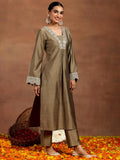 Libas Gerua Womens Yoke Design Silk Blend Straight Kurta With Trousers Gold M