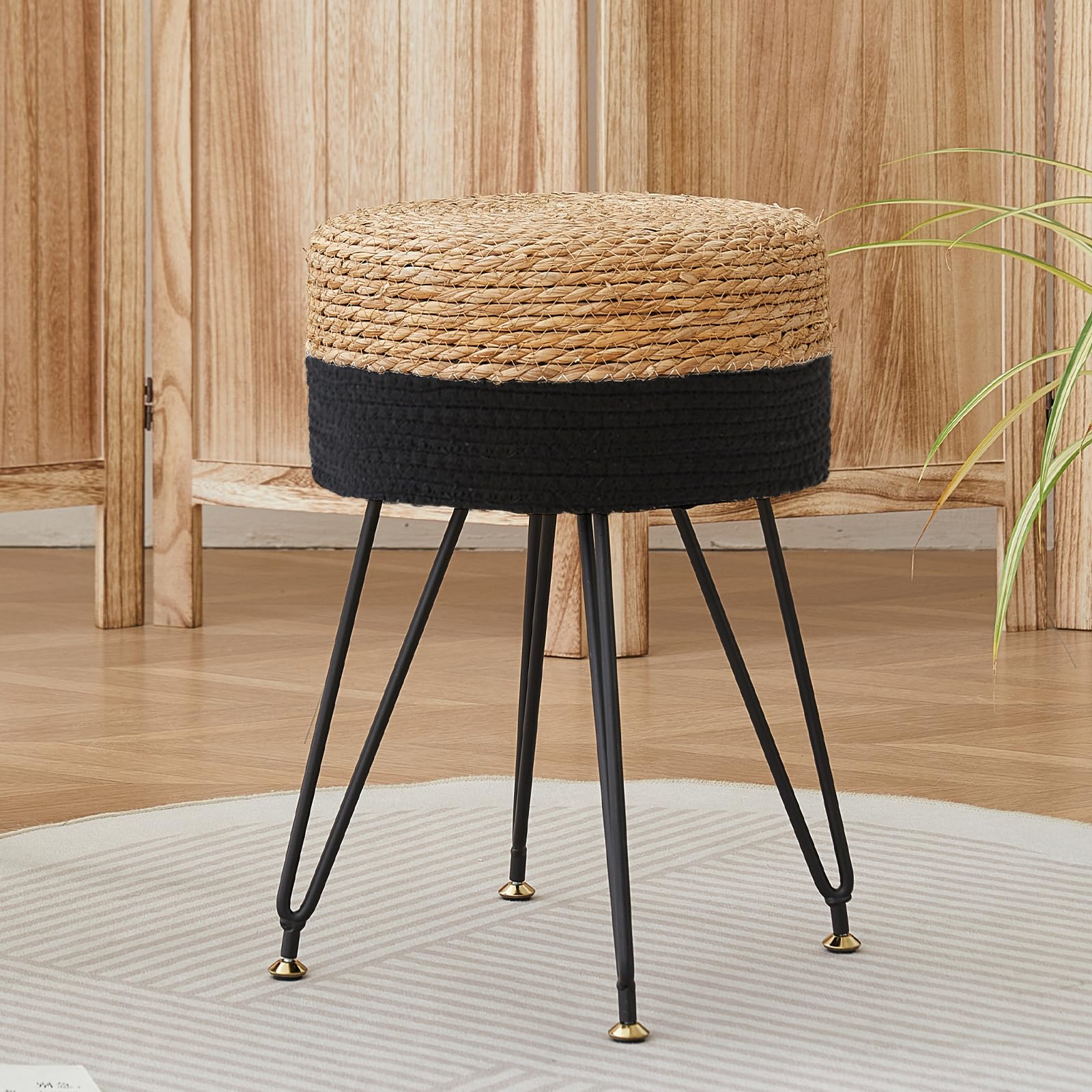 ALeesing Vanity Makeup Stool, Hand Weave Natural Seagrass Footstool Ottoman, Modern Multifunctional Vanity Stools Chair, Foot Re