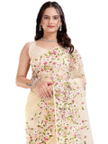 Ekasya E6287 Womens Floral Embroidery Mesh Work Saree with Unstitched Blouse, beige, One size