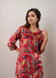Smowkly Women'S Printed Rayon Slub Mid Thighs Short Kurti With Relaxed Fit Pant Sylish Co-Ords Set || Trendy 3/4 Sleeve Kurta & Palazzo Cord Pair (Red-Xx Large)