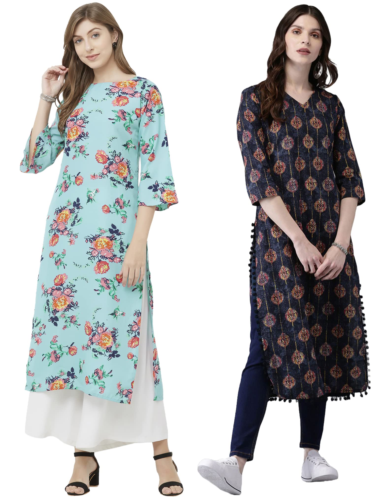 Anni Designer Women'S Crepe Straight Printed Kurta Pack Of 2 (Paga Combo_016_M_Multi & Dark Blue_Medium),Multi & Dark Blue,M