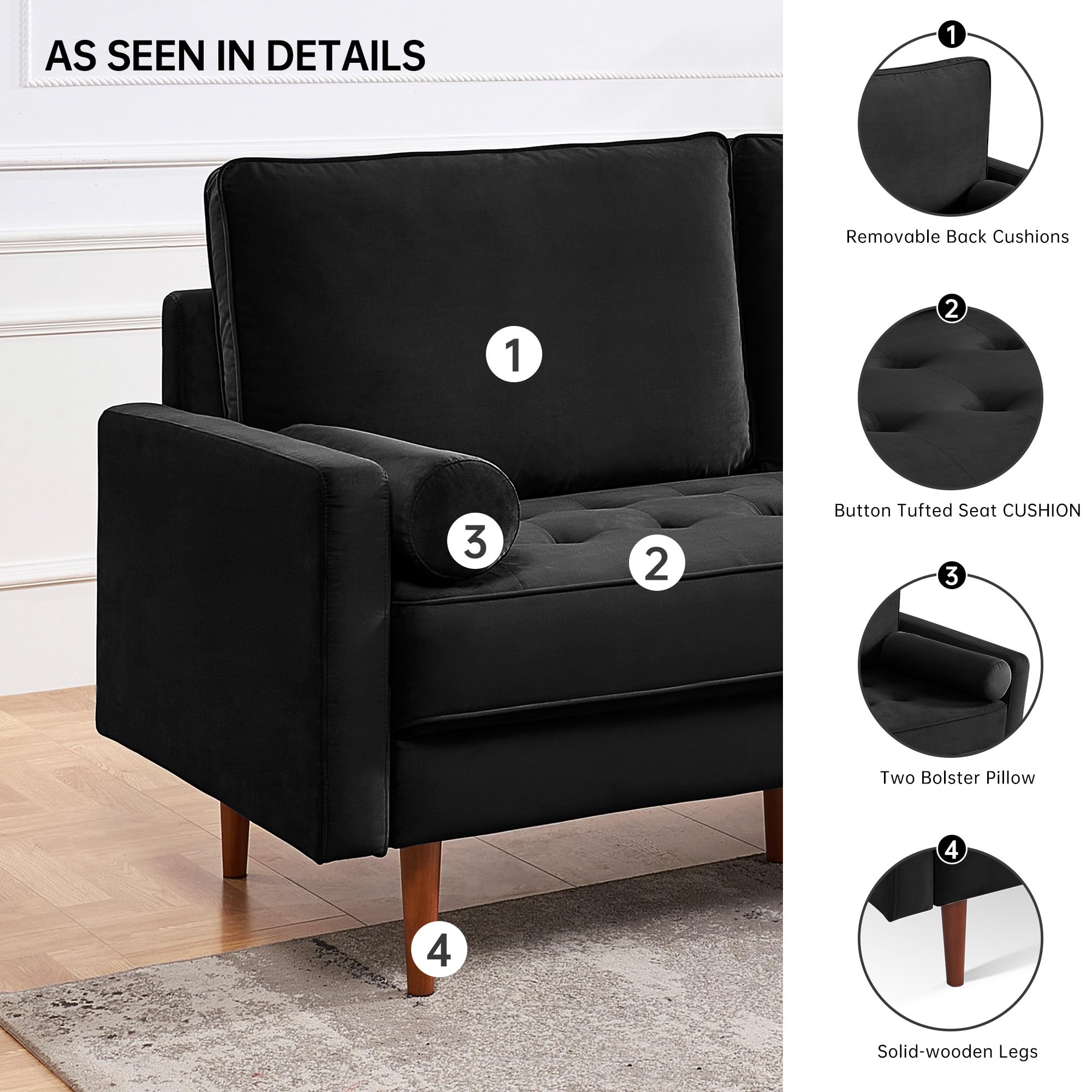 American Furniture Classics Black 69 Inch Wide Upholstered Two Cushion Sofa With Bolster Pillows Velvet, 69' X 32' X 37'