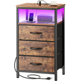 Huuger Night Stand with Charger Station and LED Lights, 3 Drawer Nightstand, Bed Side Table with Open Shelf, End Table, Tall Fab
