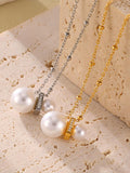Gold Chain Necklace with Shell Pearls & Zircon Accents 16.5''+1.9'' Adjustable Stainless Steel Elegant Gift for Women