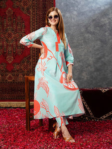Anni Designer Women'S Cotton Blend Anarkali Printed Kurta With Pant (Santra Orange-Jl_Xl_Orange_X-Large),Orange,XL,,,