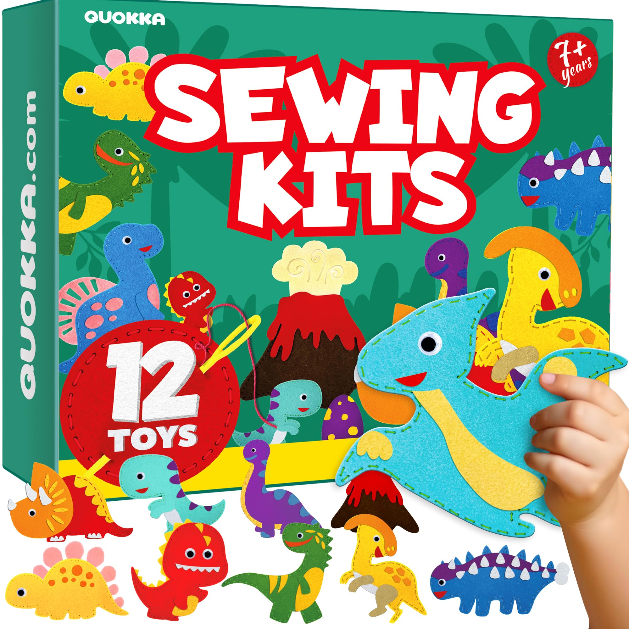 QUOKKA Kids Crafts Ages 7-9, DIY Beginner Needle and Thread Kit - 12 Wild Dino Sewing Kit Basic - Fun Arts Crafts for Kids Ages 