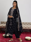 Libas Womens Embroidered Silk Blend Straight Kurta With Trousers And Dupatta Navy Blue Xl