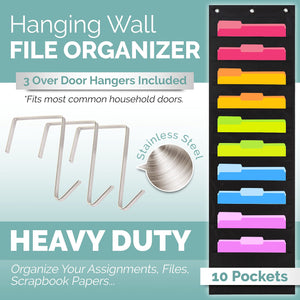 Black Pocket Chart for Classroom - 10 Pocket Storage Rainbow Pocket Charts , 2 Over Door Hangers Included, Hanging Wall File Org
