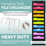 Black Pocket Chart for Classroom - 10 Pocket Storage Rainbow Pocket Charts , 2 Over Door Hangers Included, Hanging Wall File Org