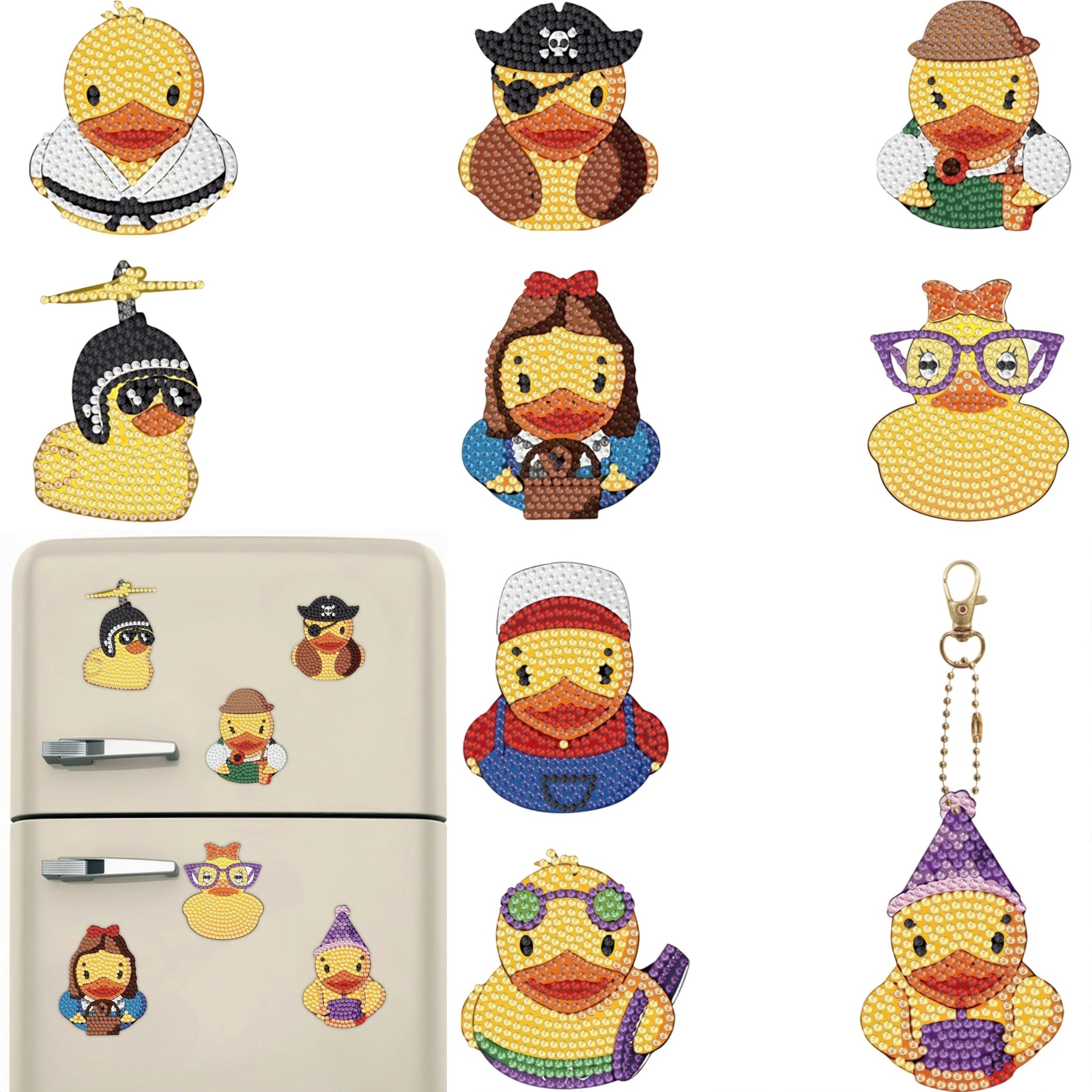 Bulerrylulu 9 Pcs Diamond Painting Magnets Kits,Duck Fridge Magnet Stickers Diamond Art Painting Keychains Gem Painting kit for 