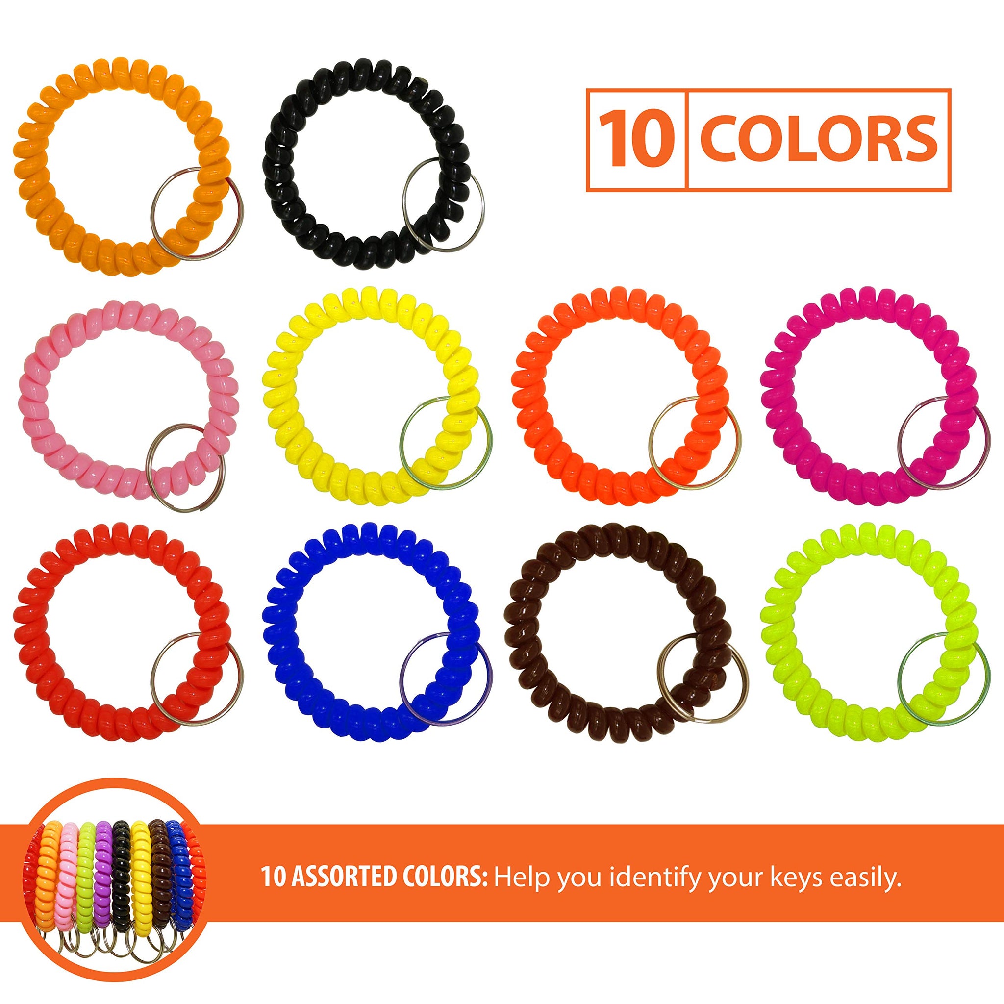 10 Pcs 10 Assorted Colors Flexible Spiral Coil Wristband Key Ring Chain Colorful Stretchable Spring Coil Wrist Band Key Holder f