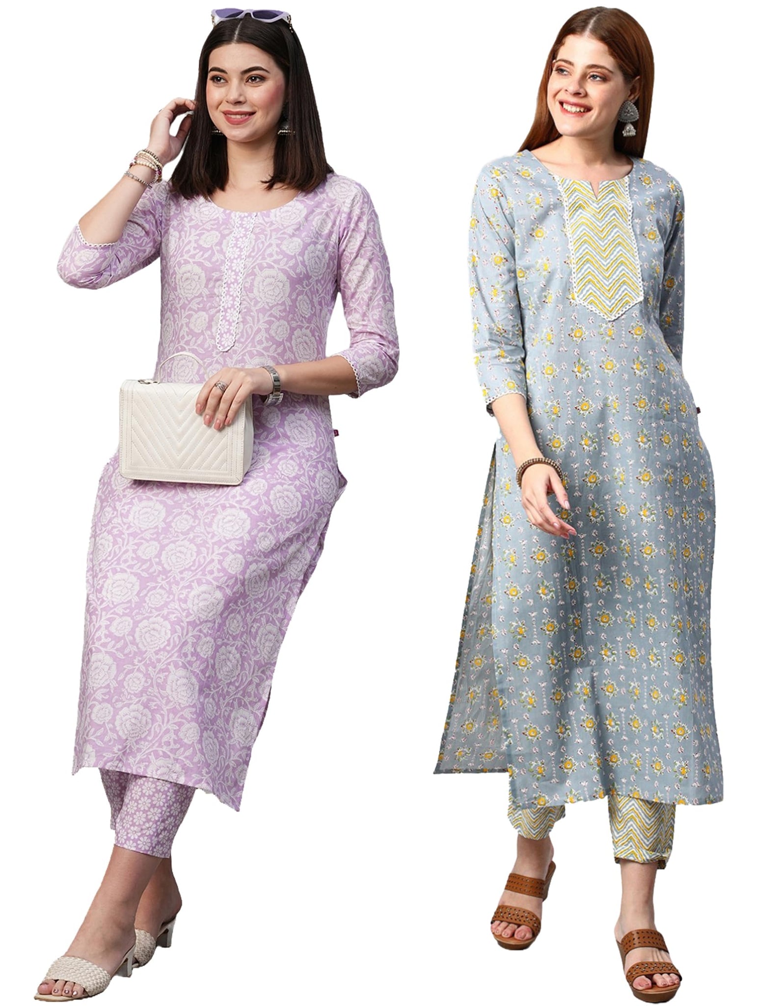 Anni Designer Women'S Cotton Blend Printed Straight Kurta With Pant Pack Of 2 (Combo-Mukh-Mikaa_Multicolor_X-Large),Multicolour,XL